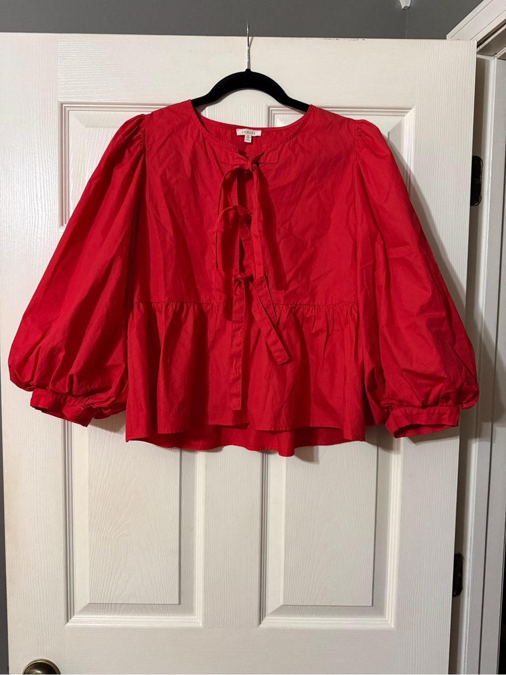 JODIFL Bright Red Tie-Front Peplum Blouse with Balloon Sleeves